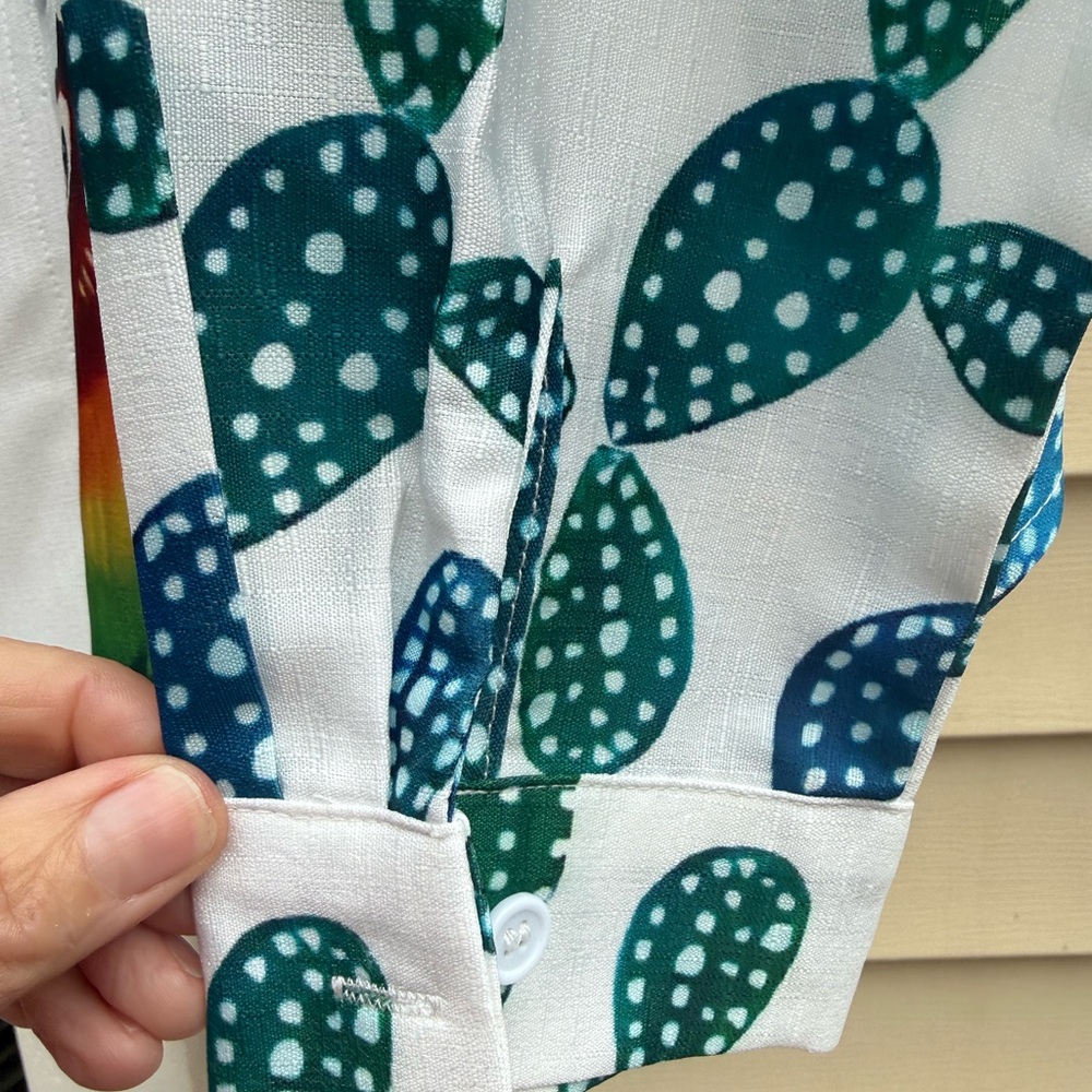 Artistic Button Down Long Sleeve Shirt with Tropical Female Face. - Picture 4 of 4